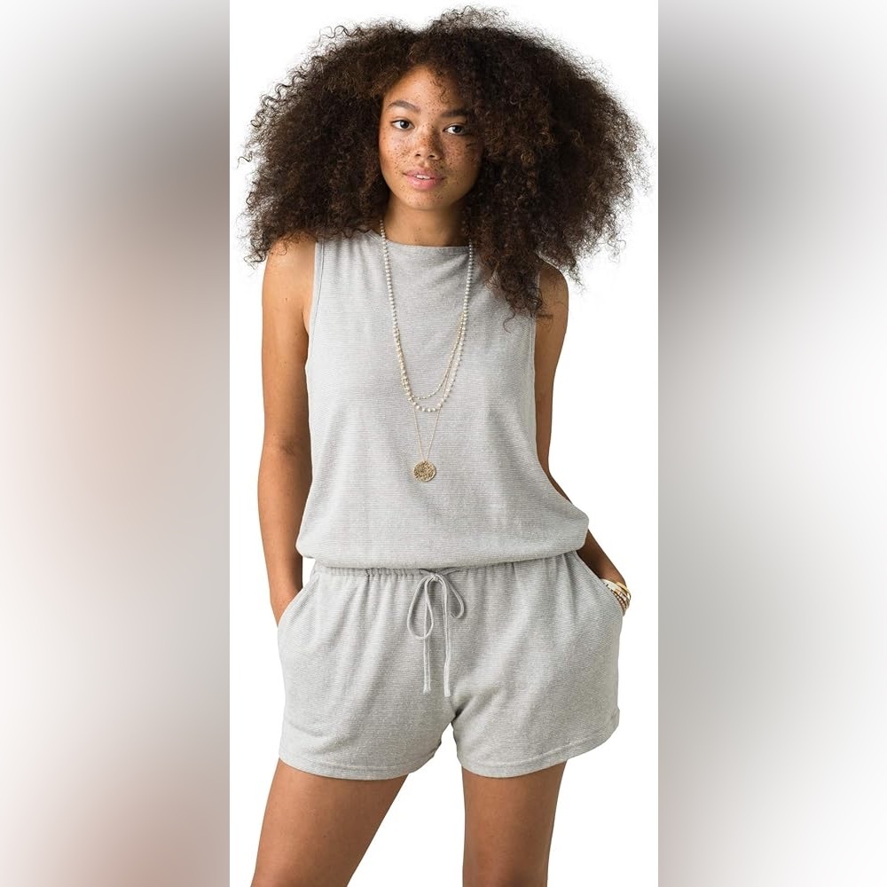 Prana Sylvie Gray Striped Sleeveless Drawstring Short Romper
